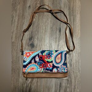 Viv & Lou Canvas Paisley Crossbody Bag with Tan Trim and Monogrammed "S"